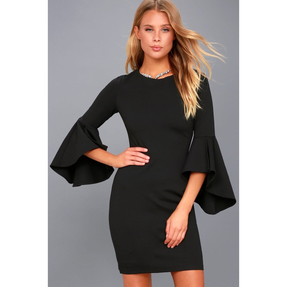 🖤 Black Flounce Sleeve Bodycon Dress